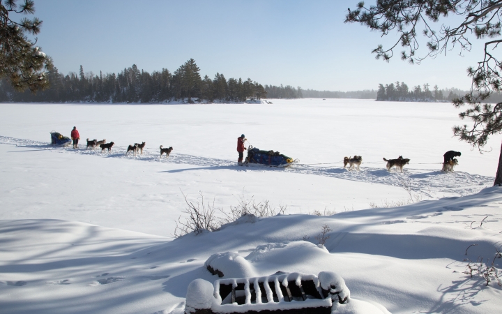 on a large ice and snow-covered lake, two teams of sled dogs and their mushers take a break